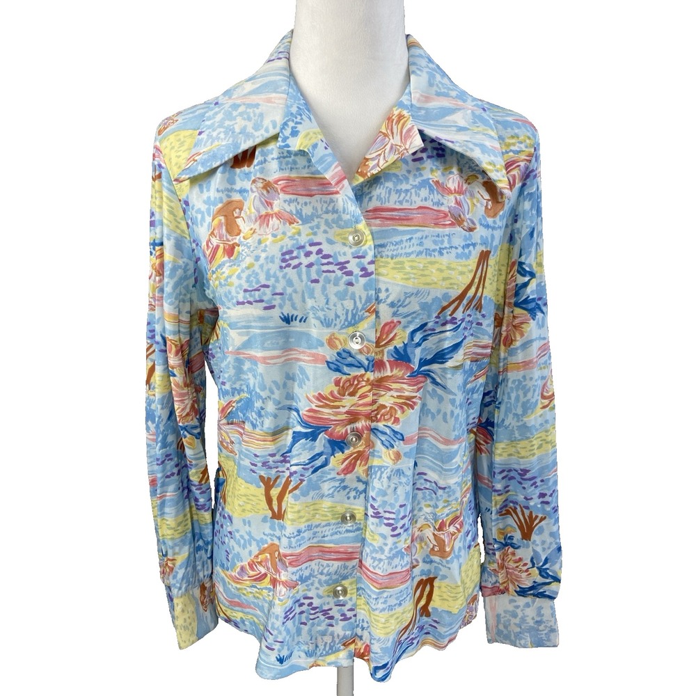 New Fashion Creation Blouse Shirt Womens Medium Blue Button Up Vintage 70s Retro